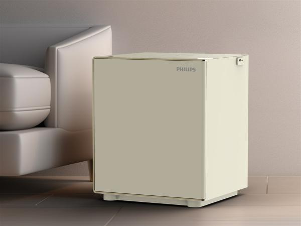 Philips SBX300 智慧床頭保管櫃 3/4 角度外觀，米白色系搭配金色收邊
