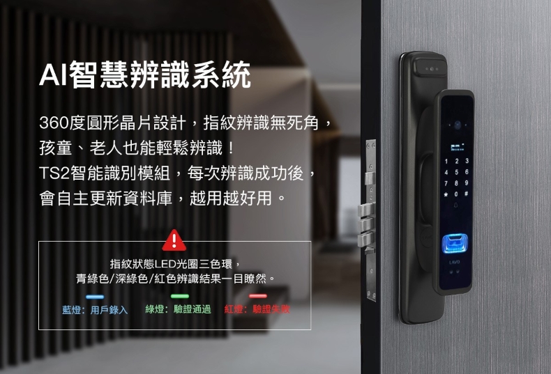 LAVO L932 左為藍色電路圖 AI 晶片，右為黑色豎鎖在木門上的安裝位置