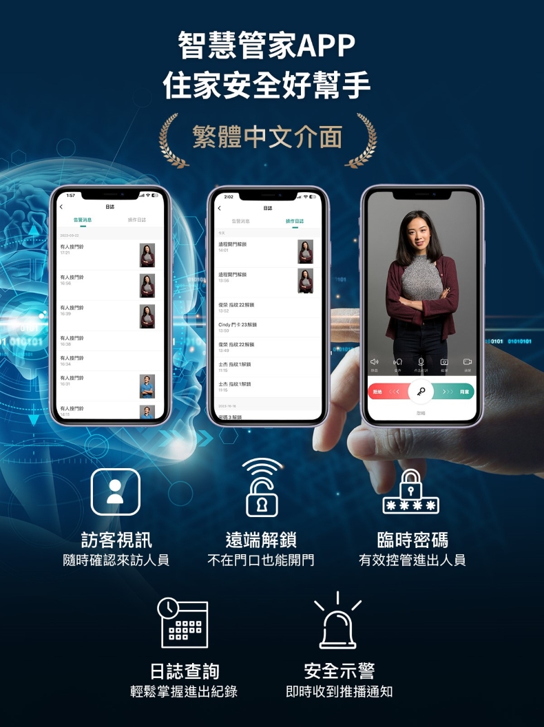 LAVO L932 三隻手機螢幕顯示智慧管家 APP 介面，下方為功能圖示列表