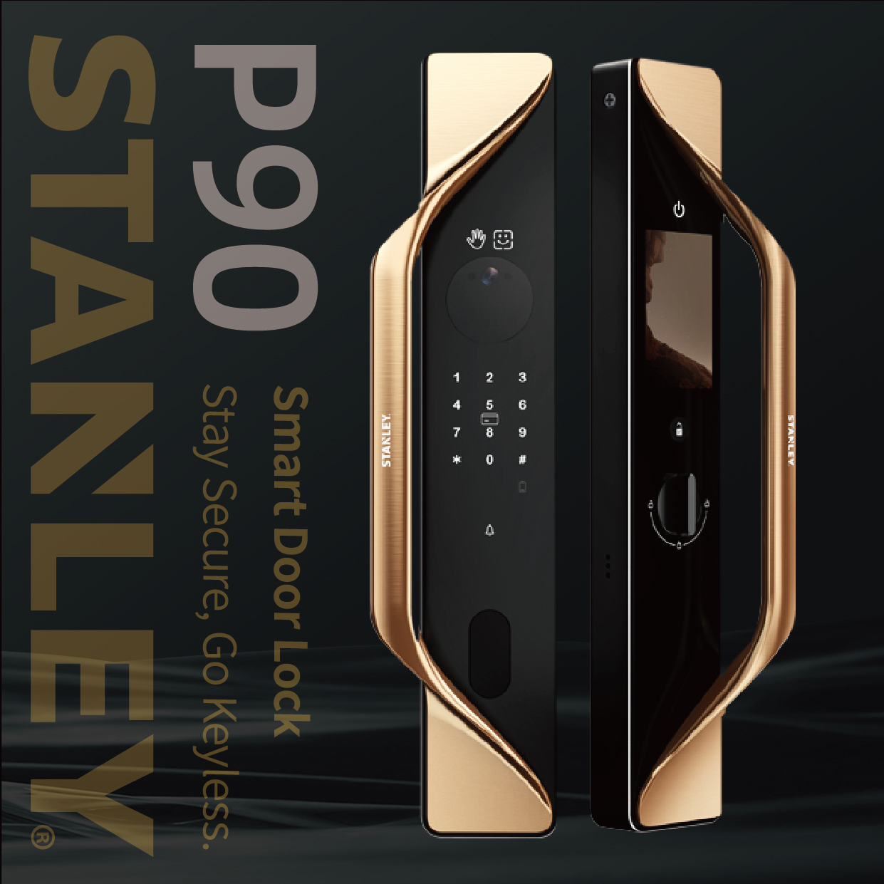 STANLEY P90 智慧門鎖米色黑色配色，流線尾翼式把手設計