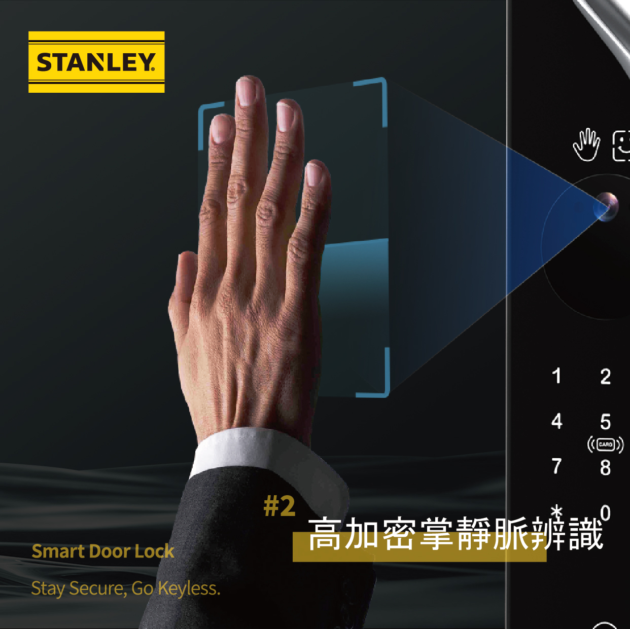 STANLEY P90 3D 結構光人臉辨識功能，門鎖面板與藍色臉部掃描網格