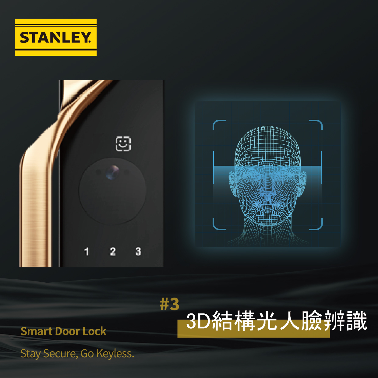 STANLEY P90 門鎖側邊特寫，黑色面板搭銀白色邊框，展示鋁製機身