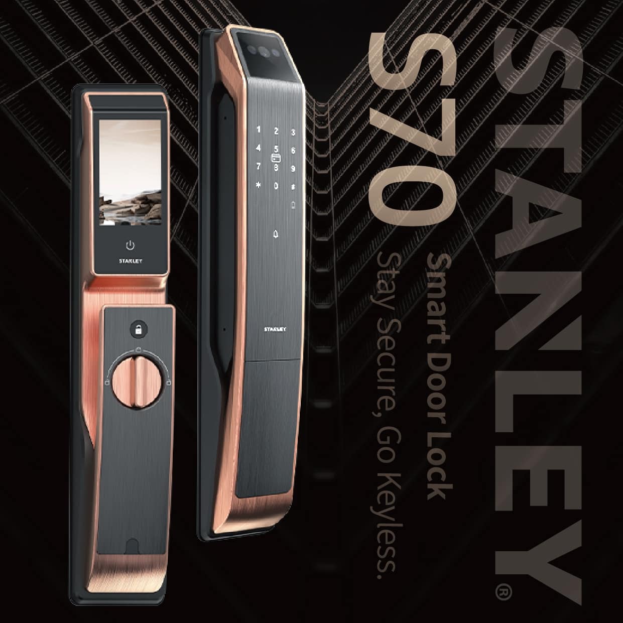 STANLEY S70V 完整鎖體展示，包括數字鍵盤版側面和屏幕版正面，背景為深色網紋