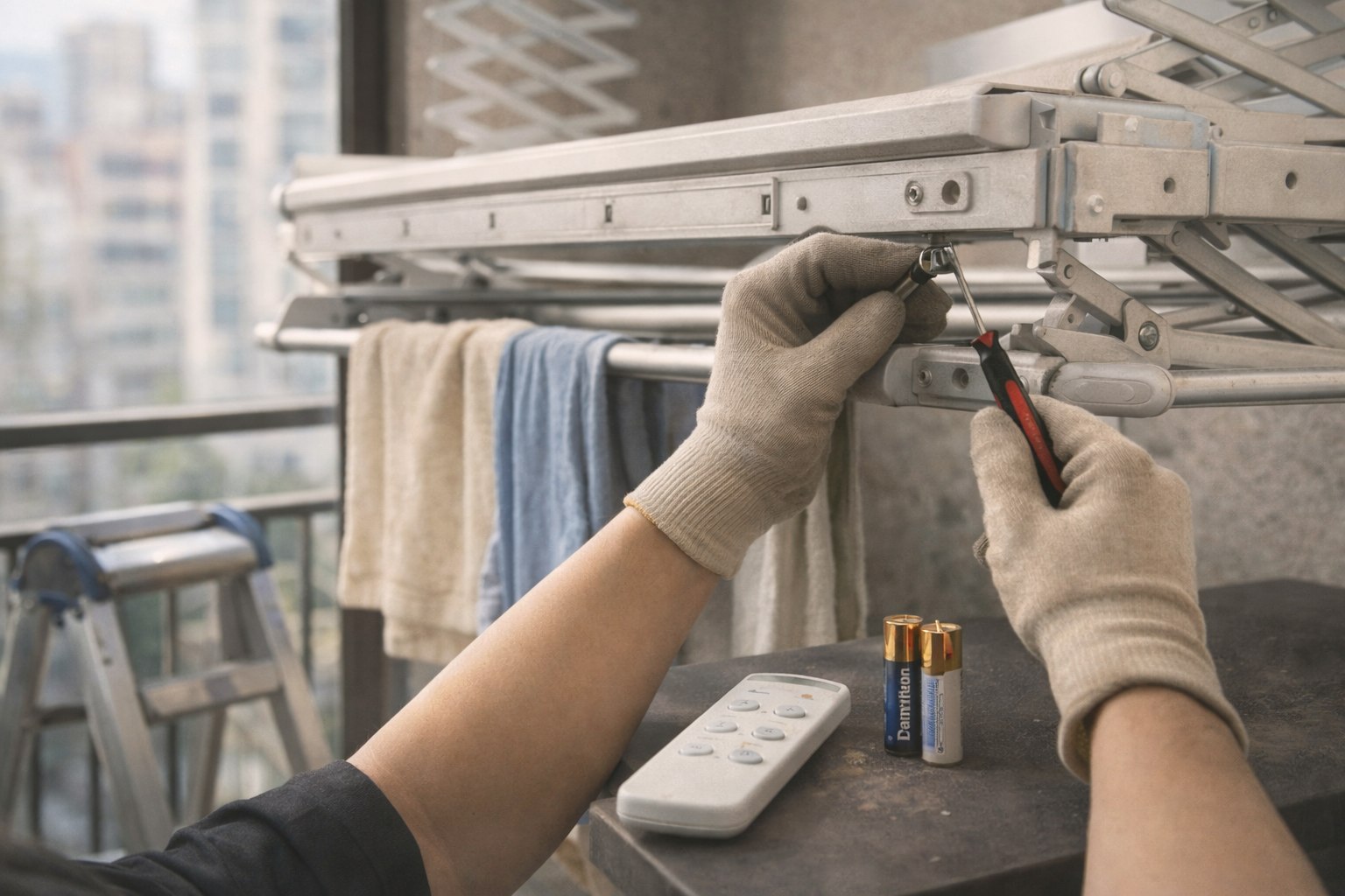 台灣住家陽台的電動曬衣架維修保養情境主視覺，呈現「故障排除＋保養工具」的真實感首圖