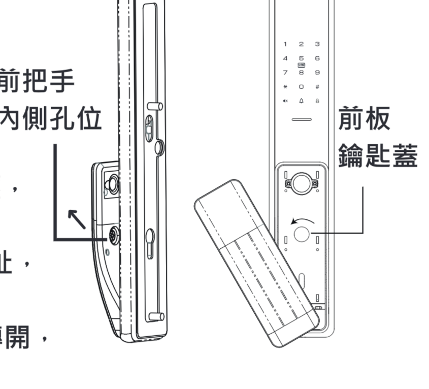 ACER ODL102 機械鑰匙開啟步驟：前把手內側孔位與前板鑰匙蓋