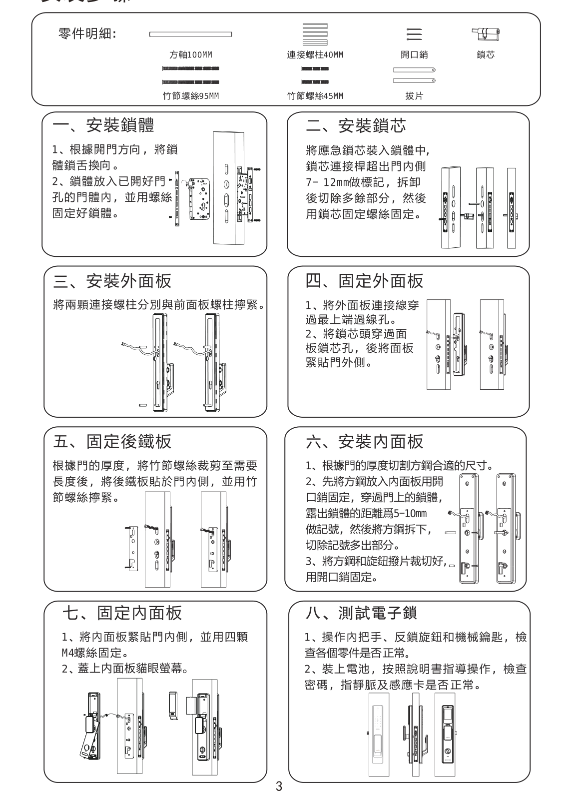 ARPHA Z2 安裝八步驟圖：安裝鎖體、安裝鎖芯、安裝外面板、固定外面板、固定後鐵板、安裝內面板、固定內面板、測試電子鎖