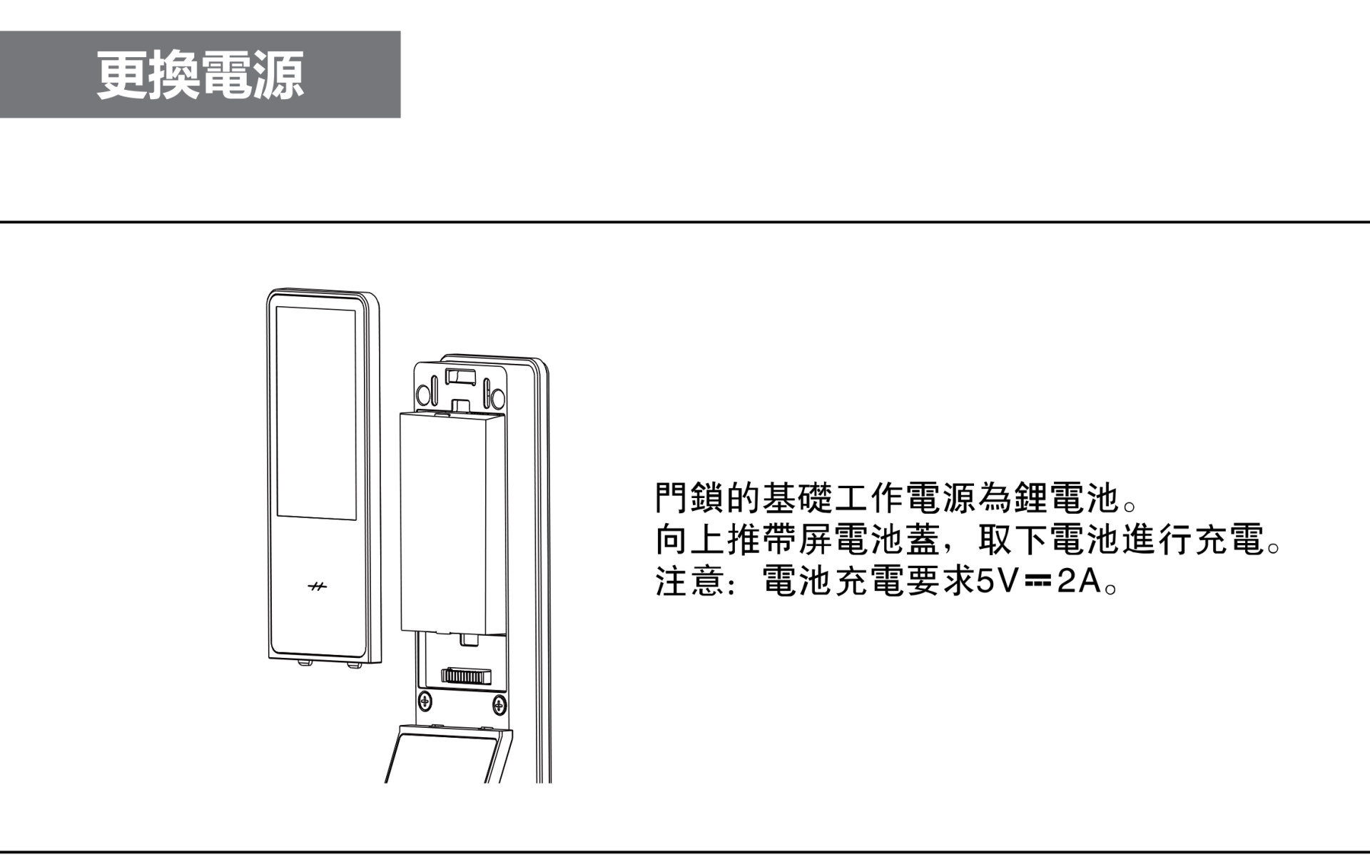 HEXA P100 更換電源：向上推帶屏電池蓋取下鋰電池充電