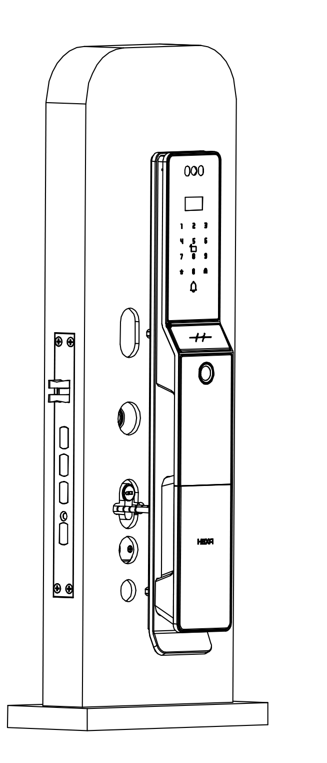 HEXA P100 系列全自動智能鎖裝在門上的外觀（前面板含數字鍵盤、貓眼模組與指紋識別區）