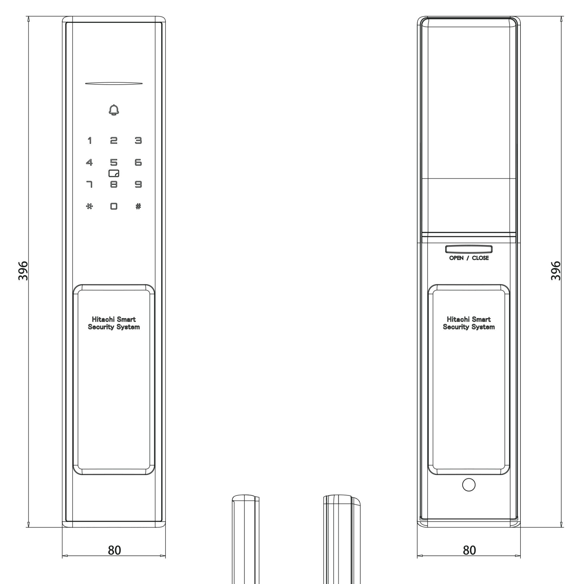 HITACHI HIT-FV10-T 指靜脈電子鎖前面板與後面板外觀尺寸圖（396×80mm）
