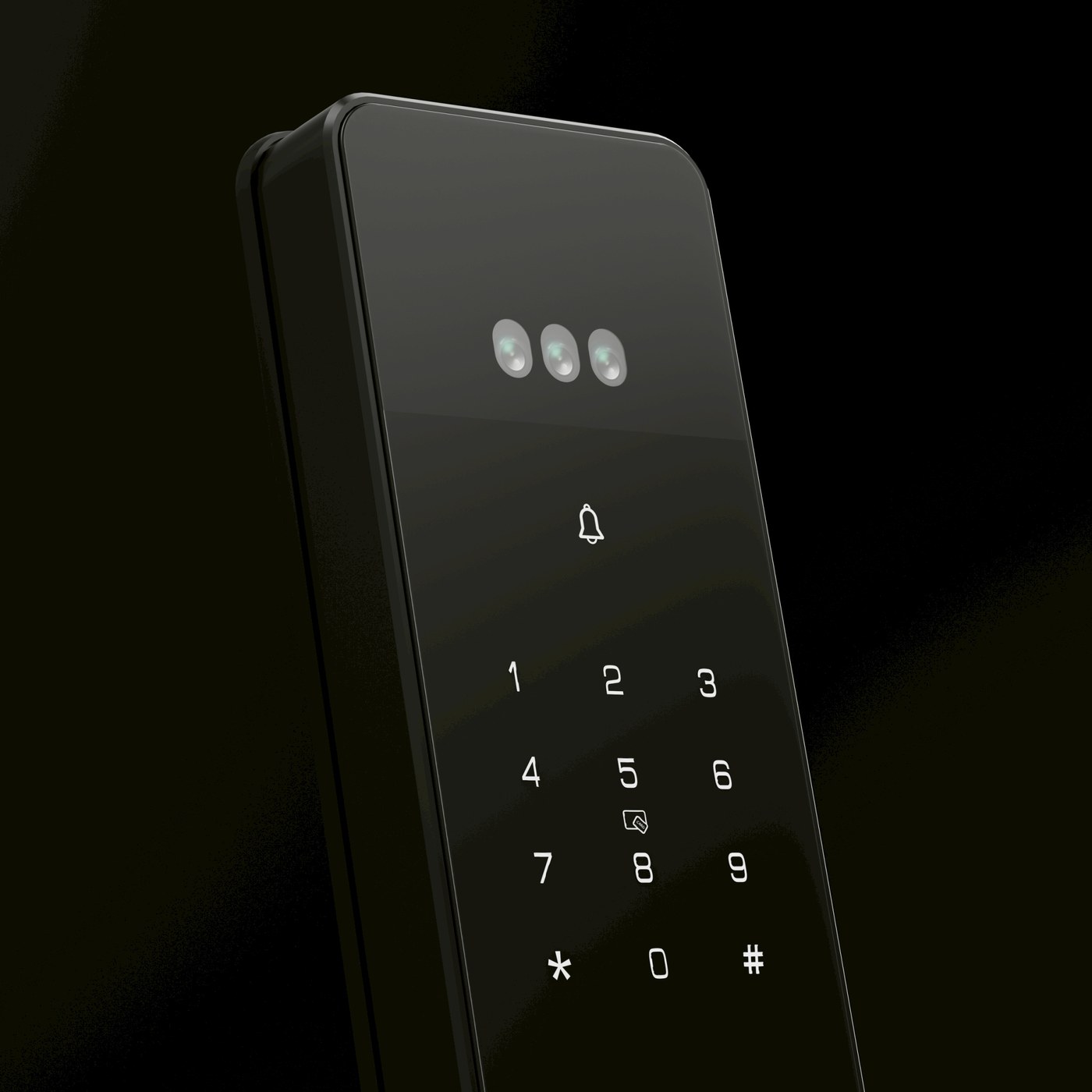 STANLEY K60 室外機特寫，上方三鏡頭模組、門鈴與觸控數字鍵盤