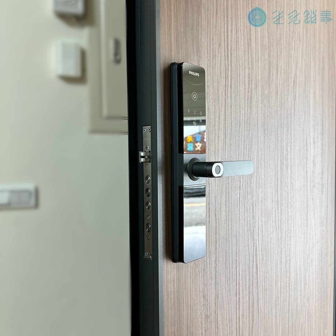 台中市北屯區電子鎖安裝實績|飛利浦 DDL610 吾青鋁門 側面完工照