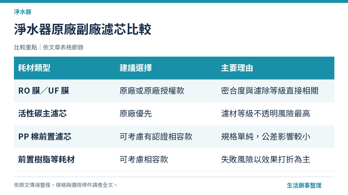 淨水器副廠濾芯與原廠濾芯比較示意圖