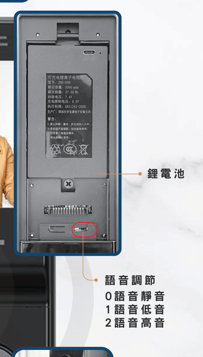 VOC RTF 室內機電池艙：可充電鋰電池與語音調節撥鈕（0 靜音／1 低音／2 高音）